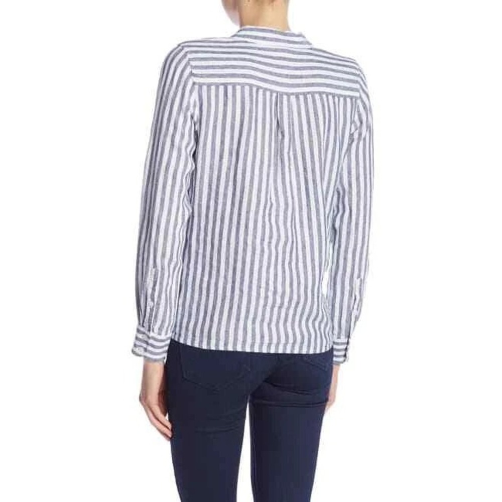 J.Crew Striped Linen Tie Front Shirt Womens 10 Blue White Long Sleeve Button Up - Picture 2 of 11